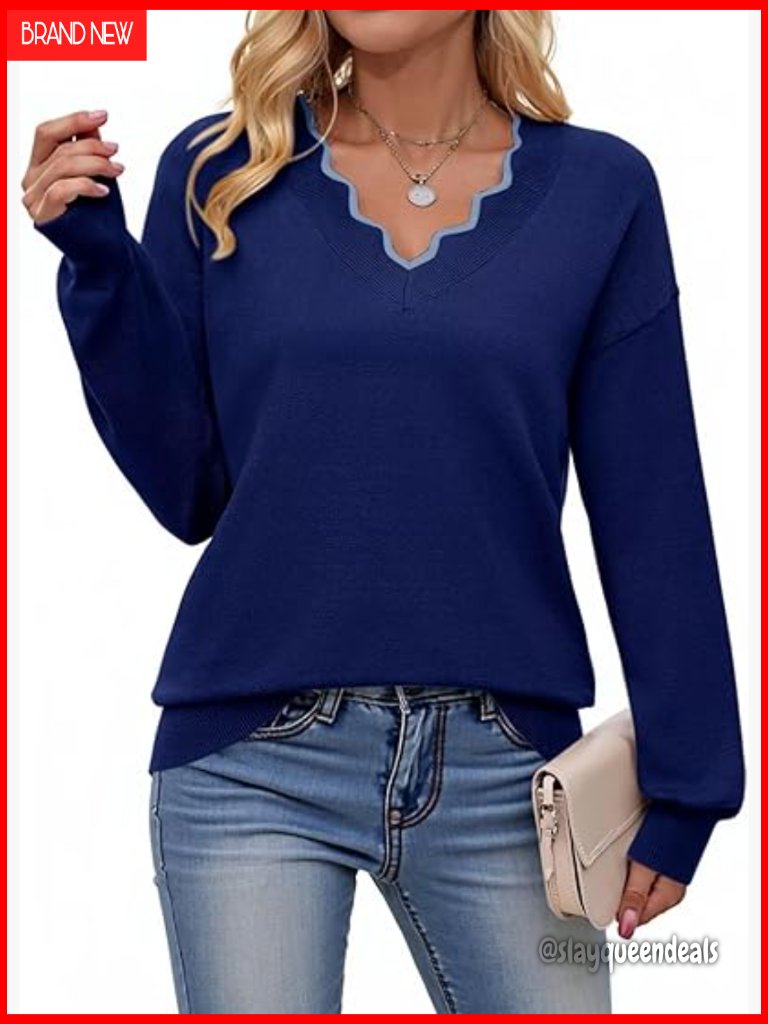 Women's Lightweight V-Neck Long Sleeve Pullover Sweater Loose Fit Knit Top